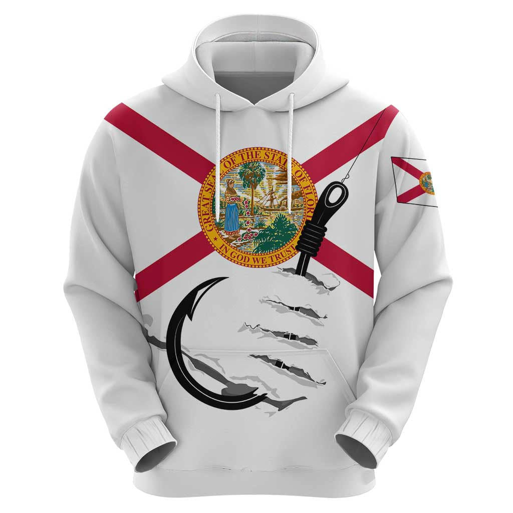 Flag Florida Fishing Hoodie Fish Hook Rip Detail and Custom Name Red Accent Design TS04