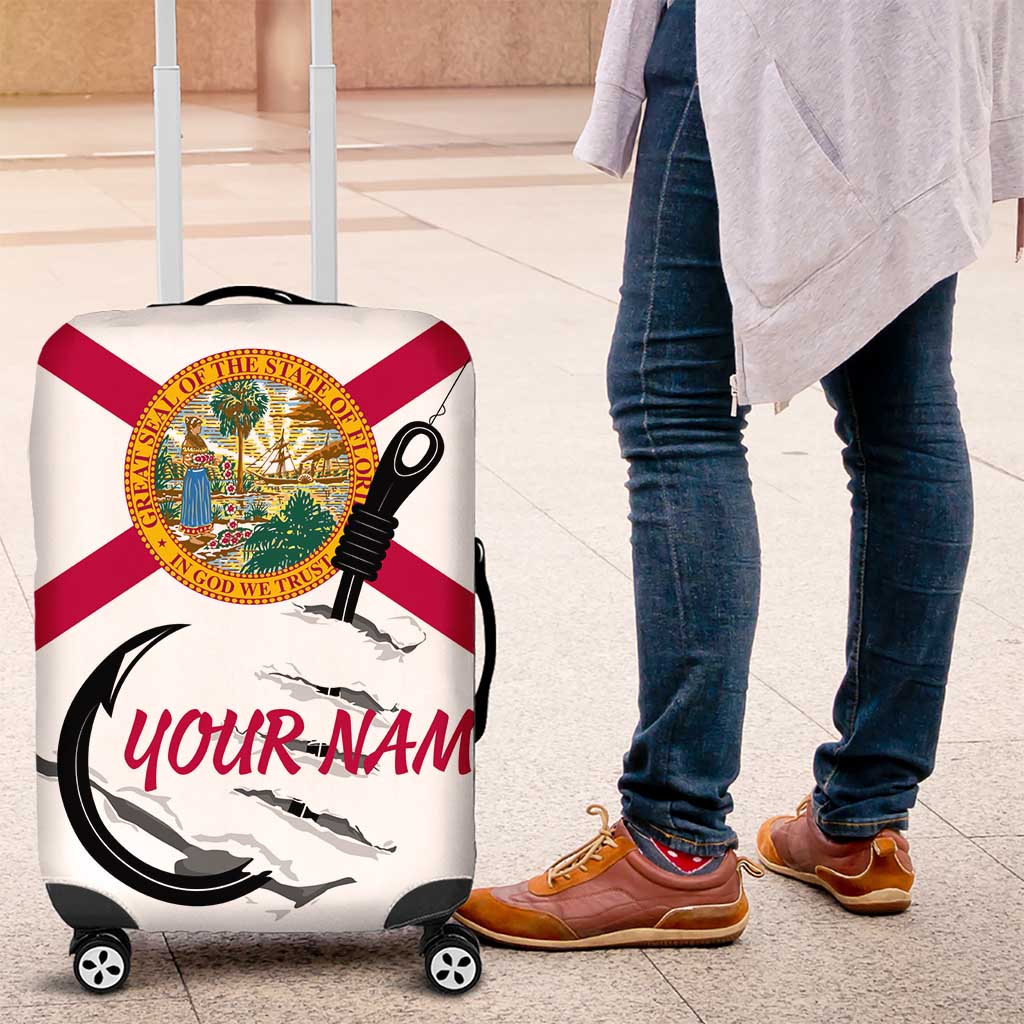 Flag Florida Fishing Luggage Cover Fish Hook Rip Detail and Custom Name Red Accent Design TS04