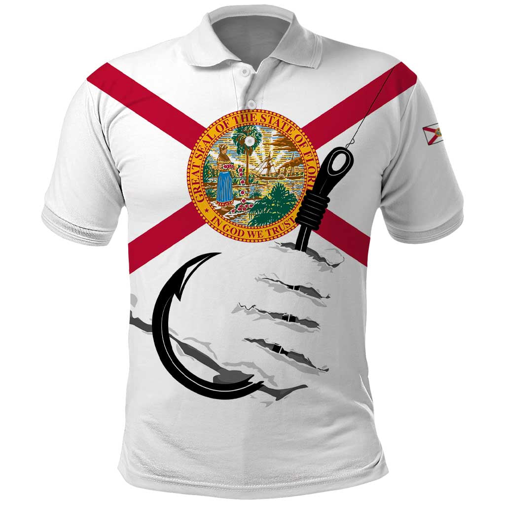 Flag Florida Fishing Polo Shirt Fish Hook Rip Detail and Custom Name Red Accent Design TS04
