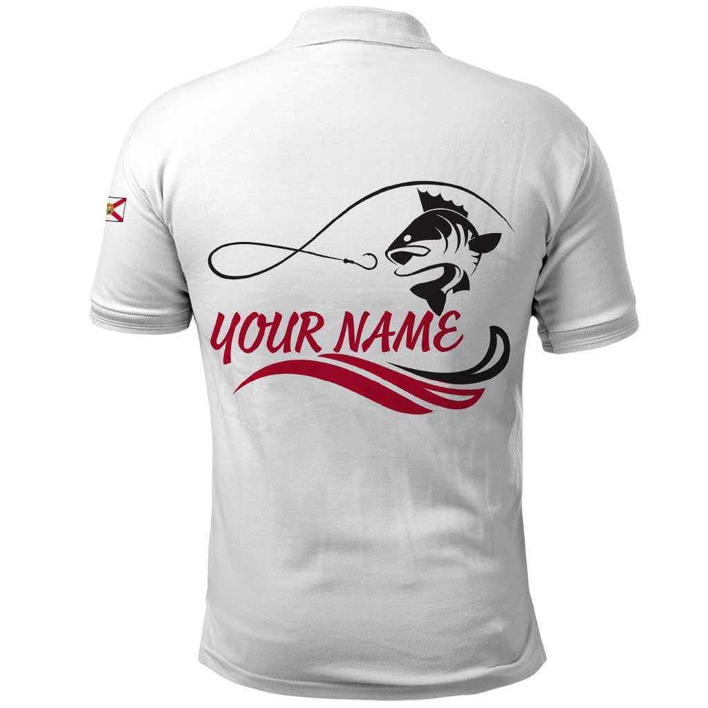 Flag Florida Fishing Polo Shirt Fish Hook Rip Detail and Custom Name Red Accent Design TS04