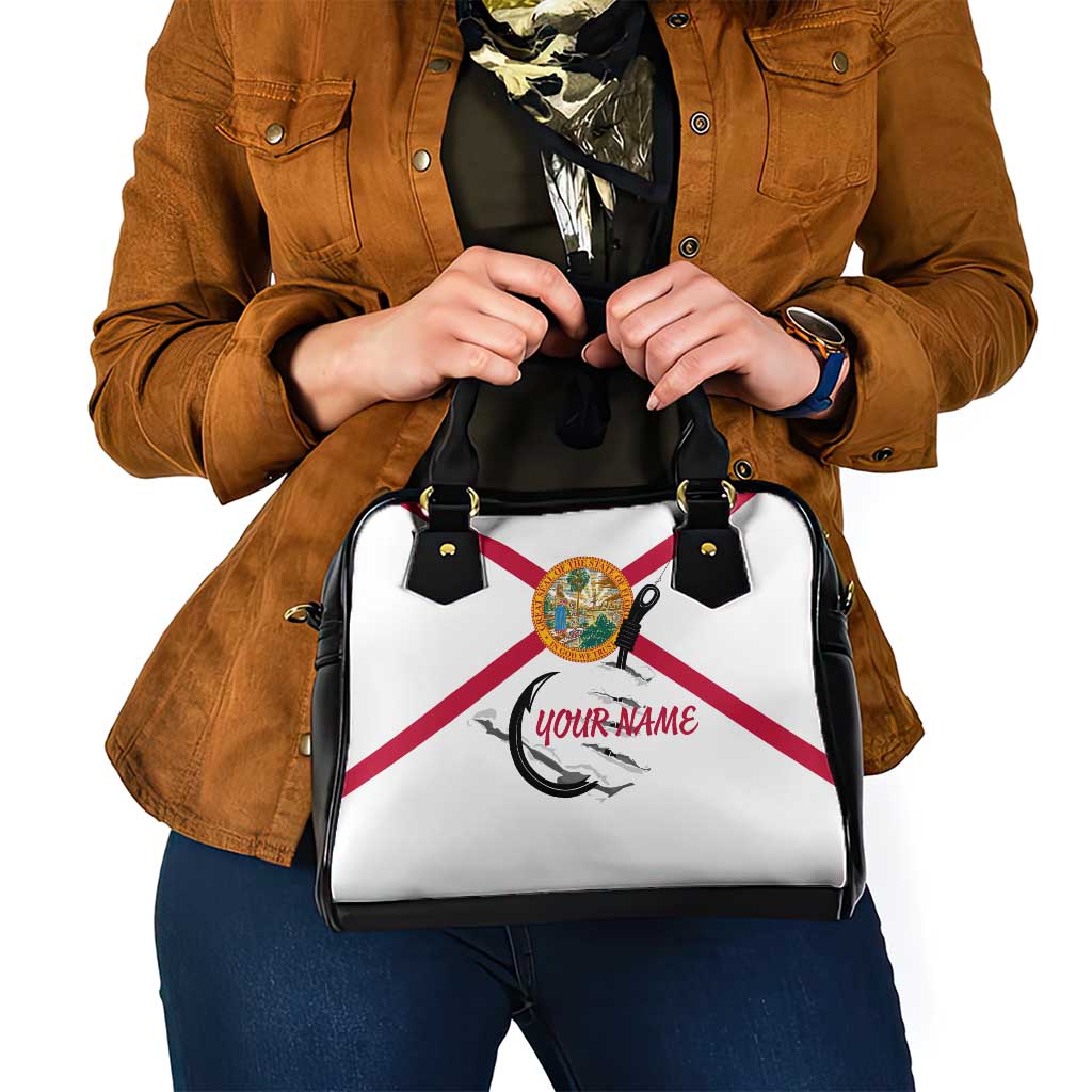 Flag Florida Fishing Shoulder Handbag Fish Hook Rip Detail and Custom Name Red Accent Design TS04