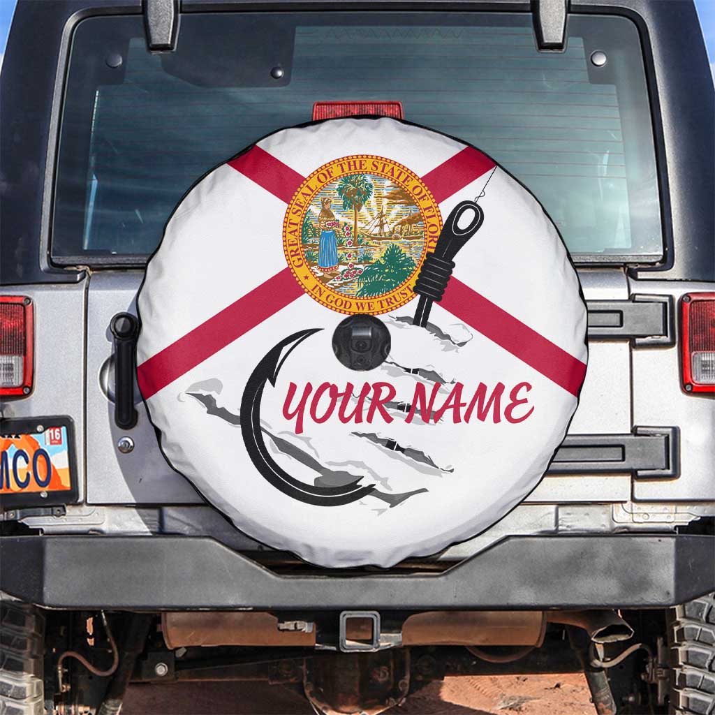 Flag Florida Fishing Spare Tire Cover Fish Hook Rip Detail and Custom Name Red Accent Design TS04