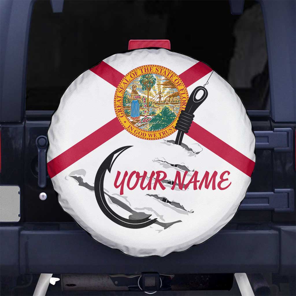 Flag Florida Fishing Spare Tire Cover Fish Hook Rip Detail and Custom Name Red Accent Design TS04