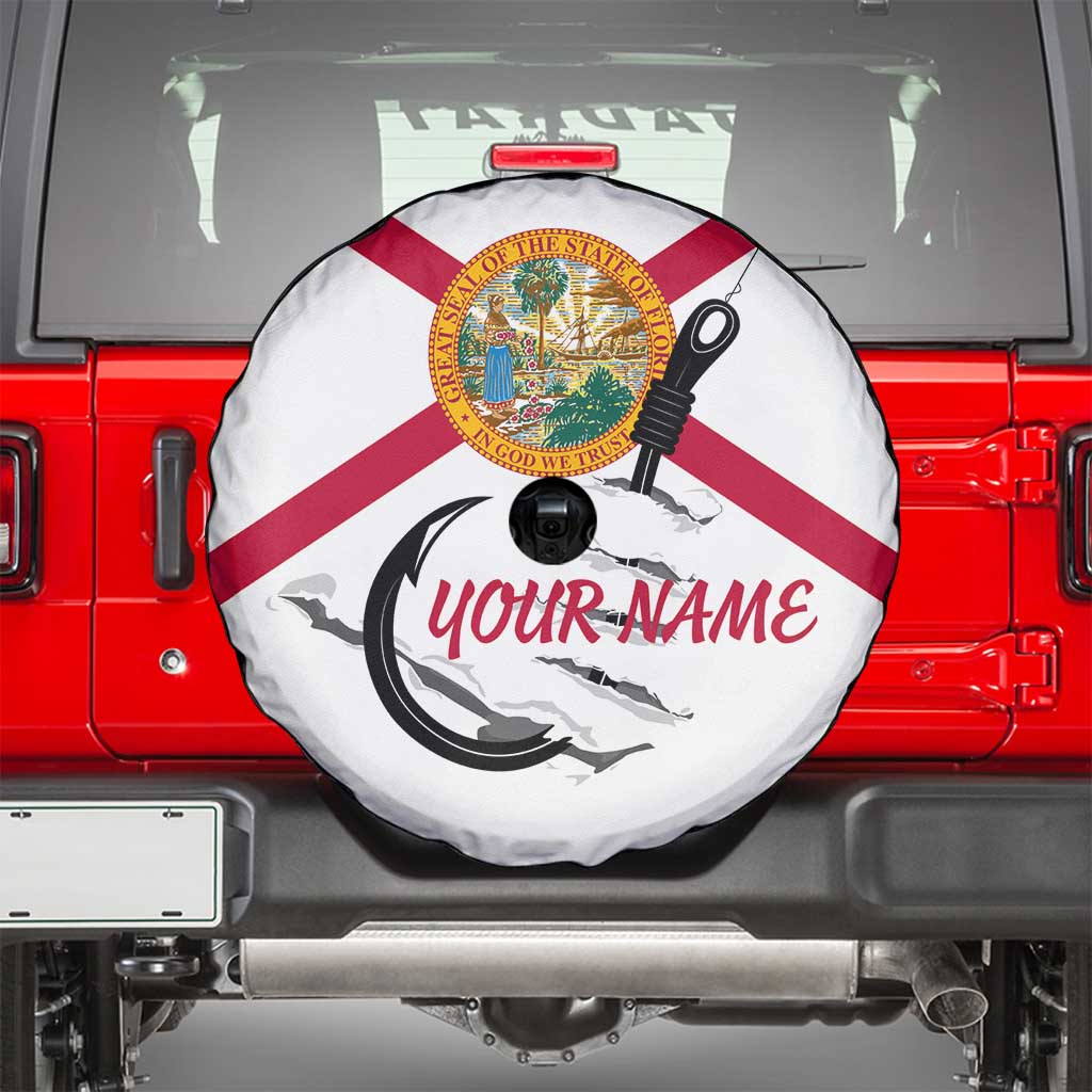 Flag Florida Fishing Spare Tire Cover Fish Hook Rip Detail and Custom Name Red Accent Design TS04
