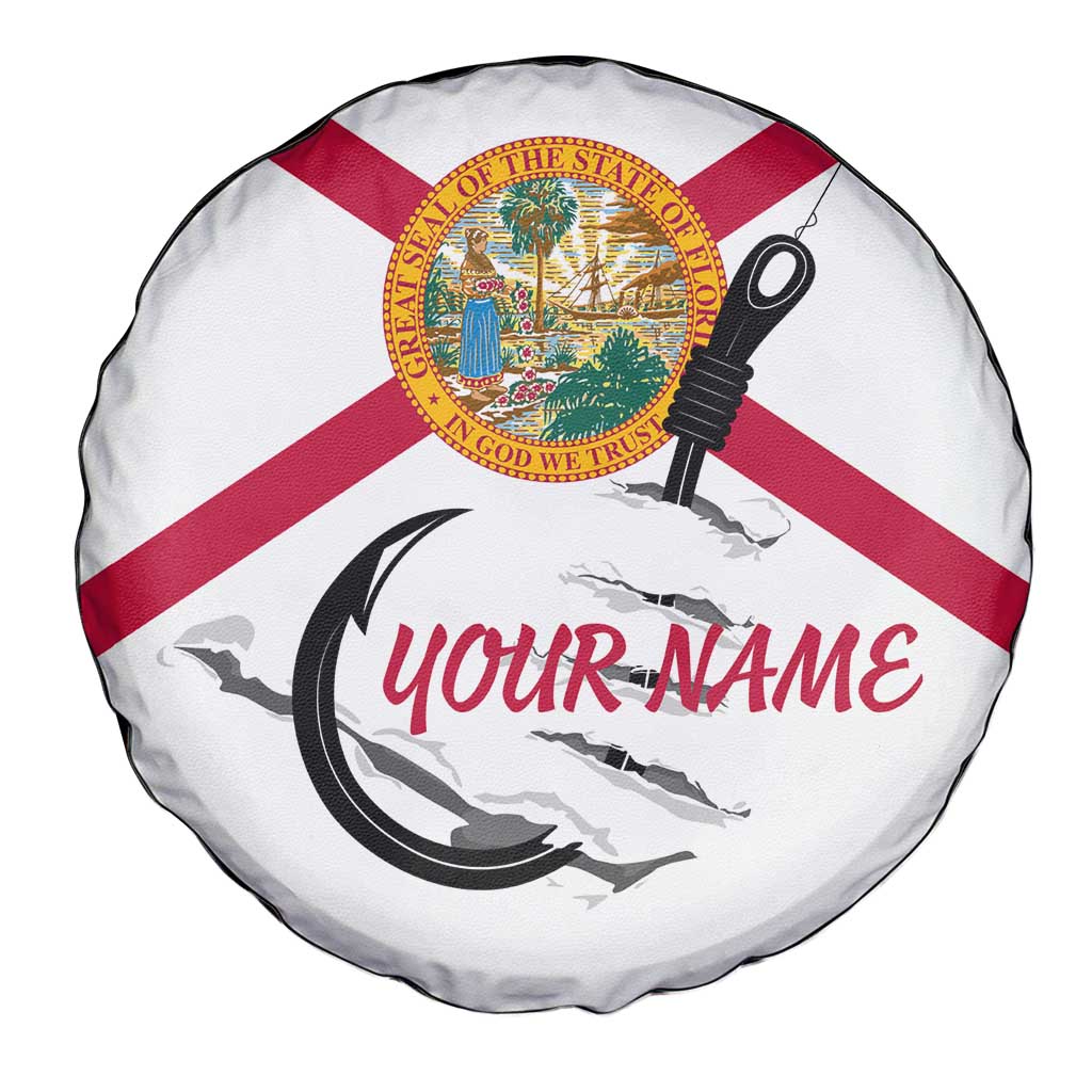 Flag Florida Fishing Spare Tire Cover Fish Hook Rip Detail and Custom Name Red Accent Design TS04