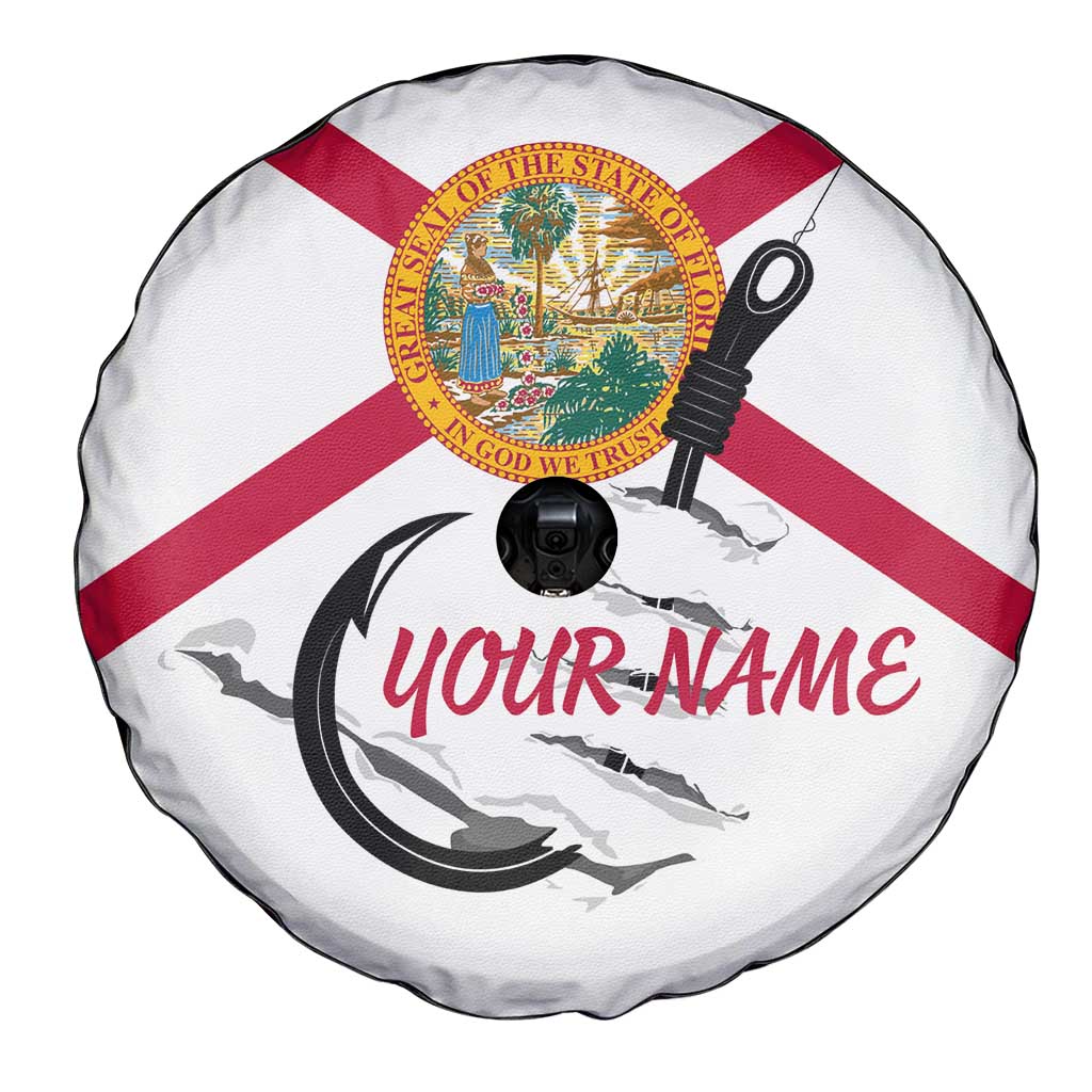 Flag Florida Fishing Spare Tire Cover Fish Hook Rip Detail and Custom Name Red Accent Design TS04