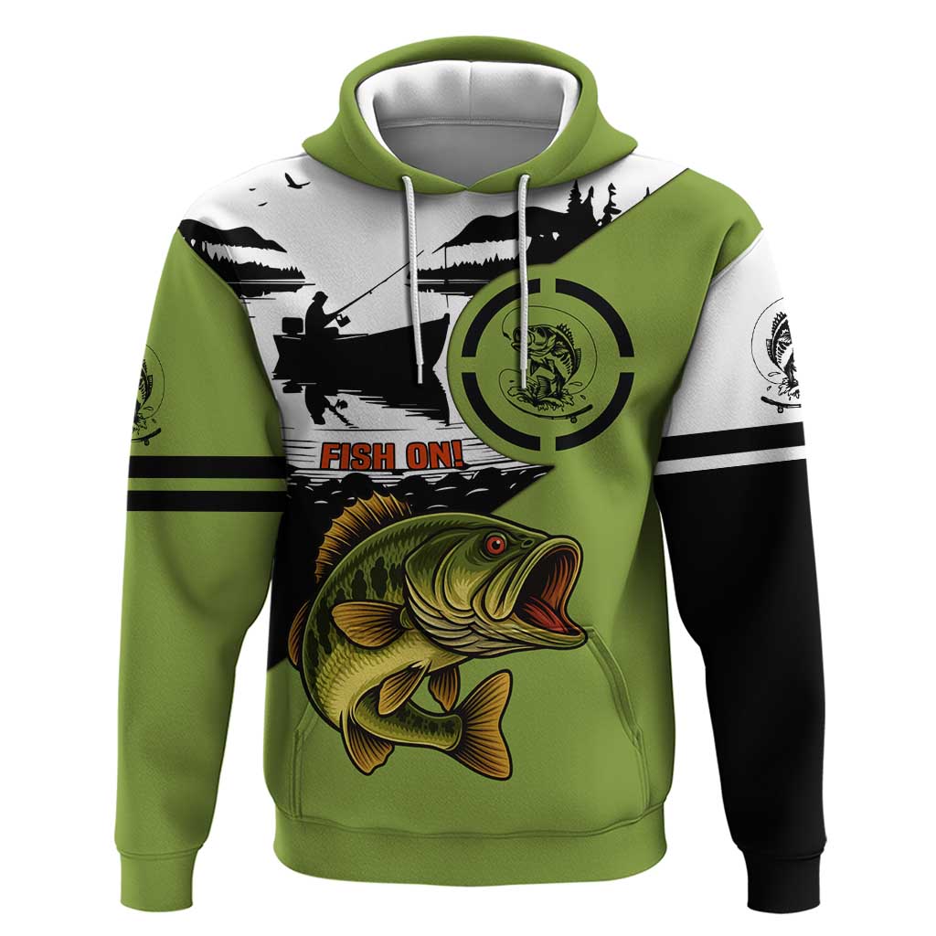 Largemouth Bass Fishing Hoodie Fish On Text and Boat Scene in Green and Black Custom Design TS04