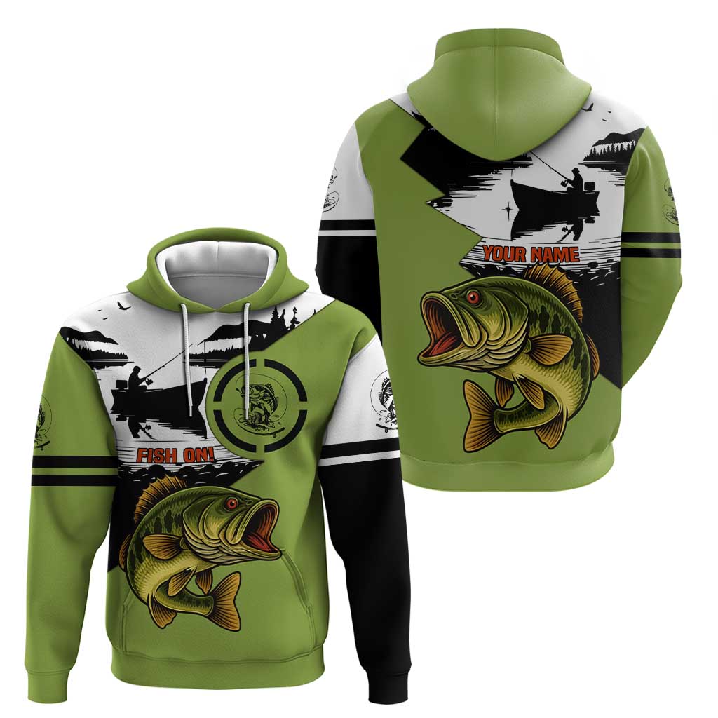 Largemouth Bass Fishing Hoodie Fish On Text and Boat Scene in Green and Black Custom Design TS04