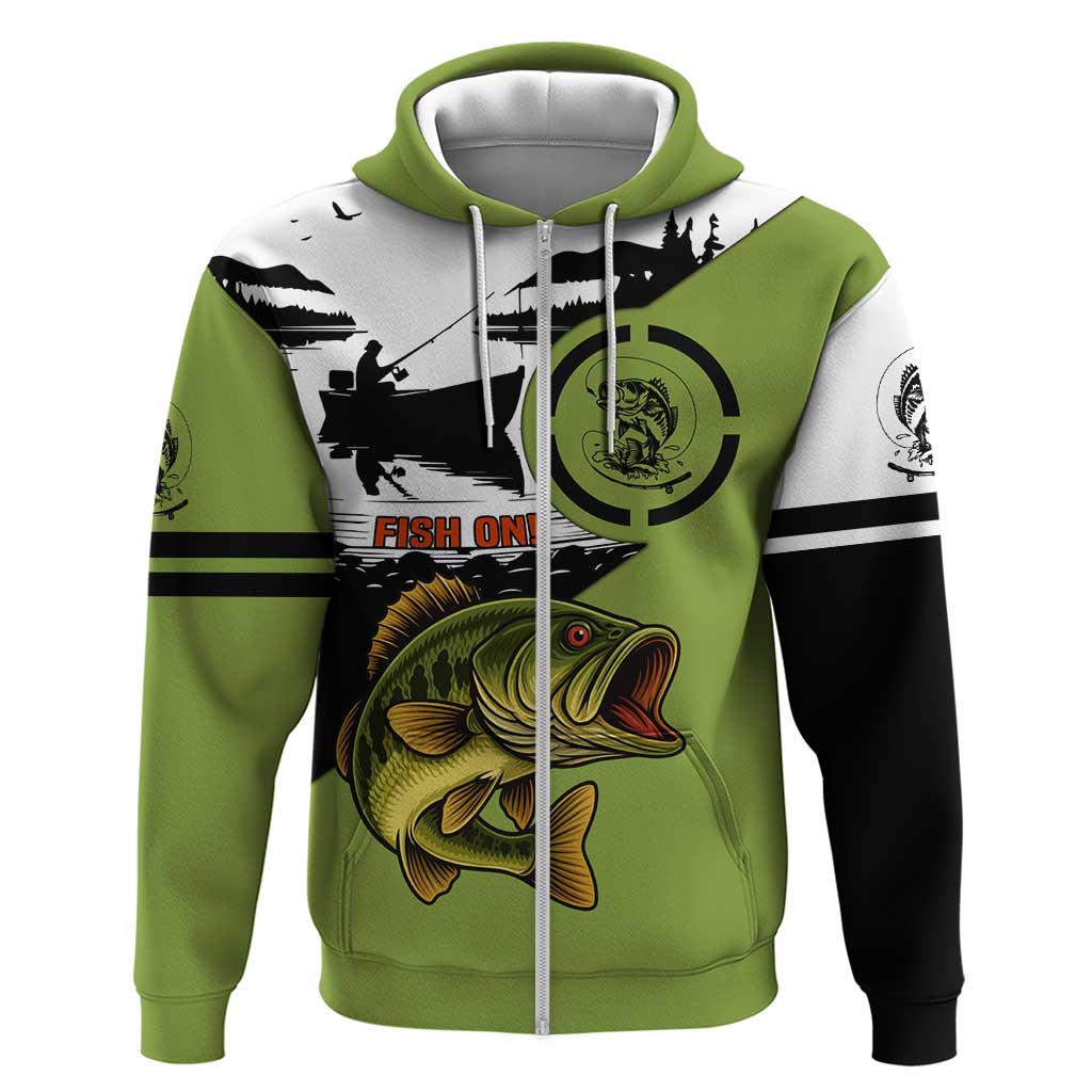 Largemouth Bass Fishing Hoodie Fish On Text and Boat Scene in Green and Black Custom Design TS04