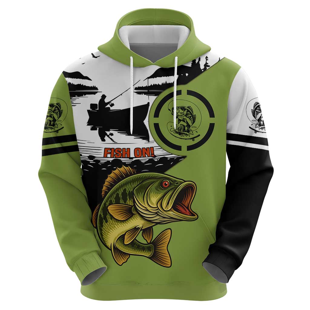 Largemouth Bass Fishing Hoodie Fish On Text and Boat Scene in Green and Black Custom Design TS04