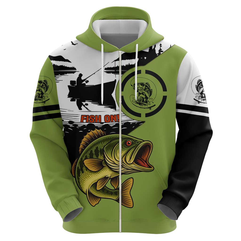 Largemouth Bass Fishing Hoodie Fish On Text and Boat Scene in Green and Black Custom Design TS04