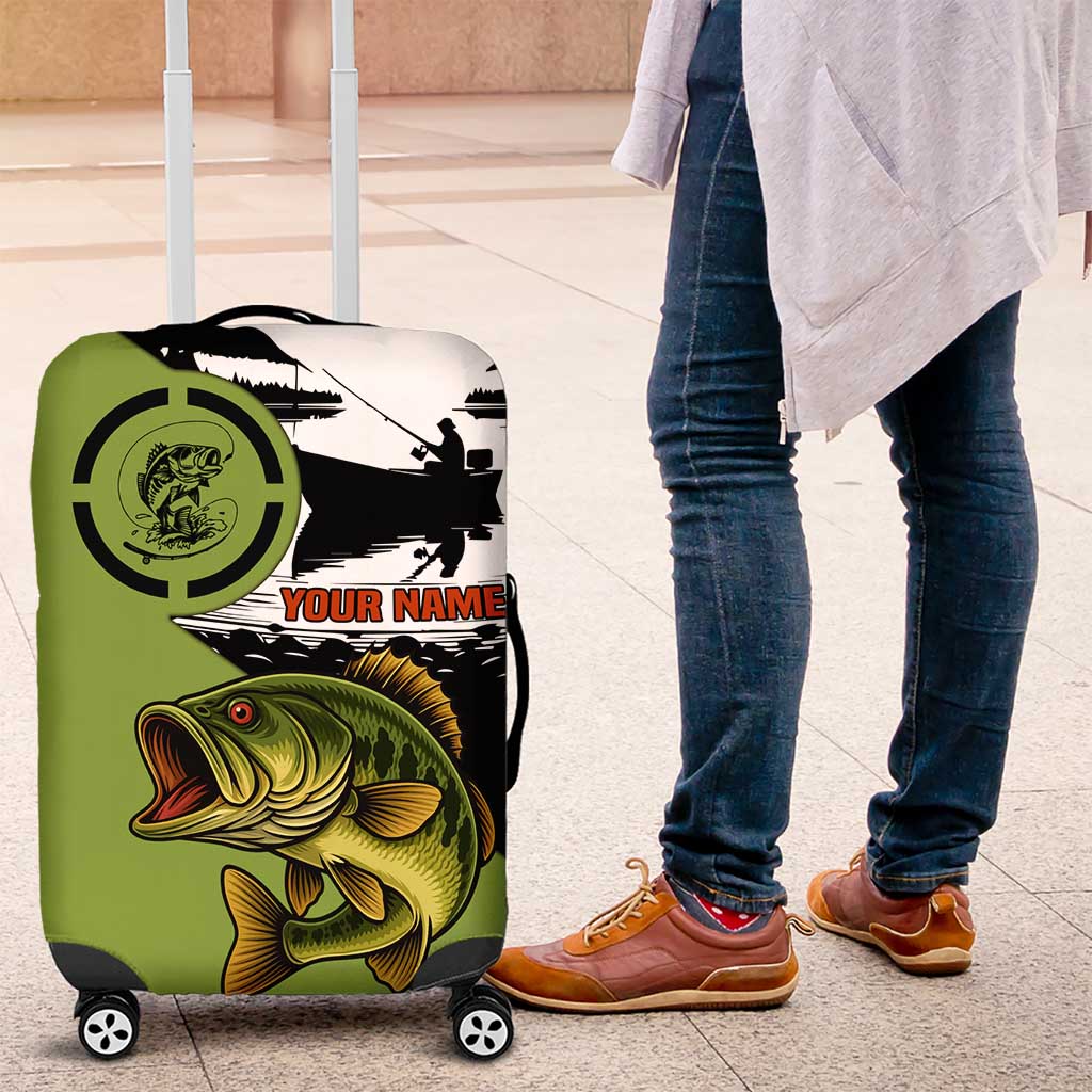 Largemouth Bass Fishing Luggage Cover Fish On Text and Boat Scene in Green and Black Custom Design TS04