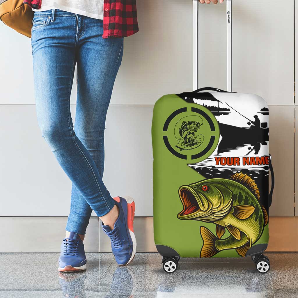 Largemouth Bass Fishing Luggage Cover Fish On Text and Boat Scene in Green and Black Custom Design TS04