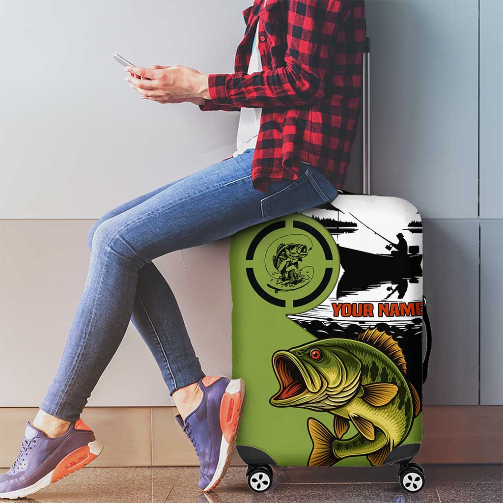 Largemouth Bass Fishing Luggage Cover Fish On Text and Boat Scene in Green and Black Custom Design TS04