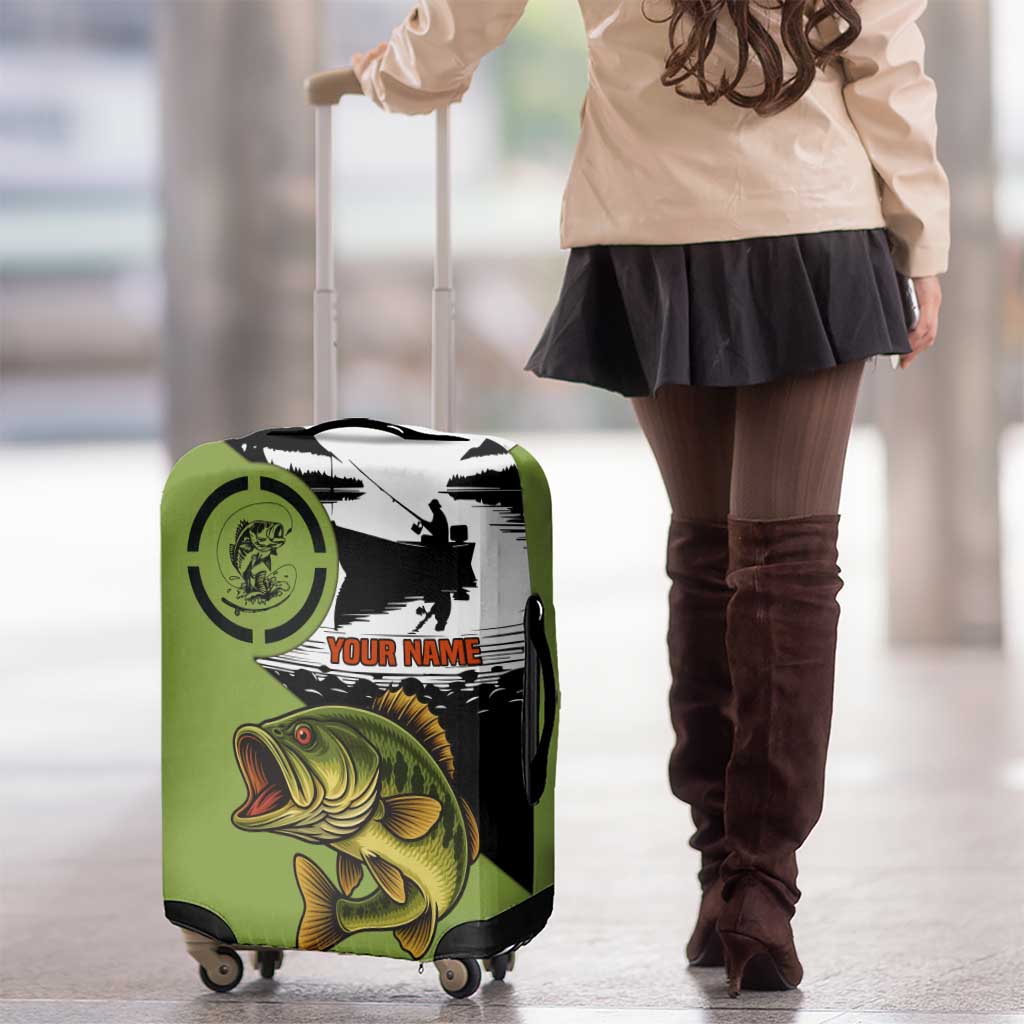 Largemouth Bass Fishing Luggage Cover Fish On Text and Boat Scene in Green and Black Custom Design TS04