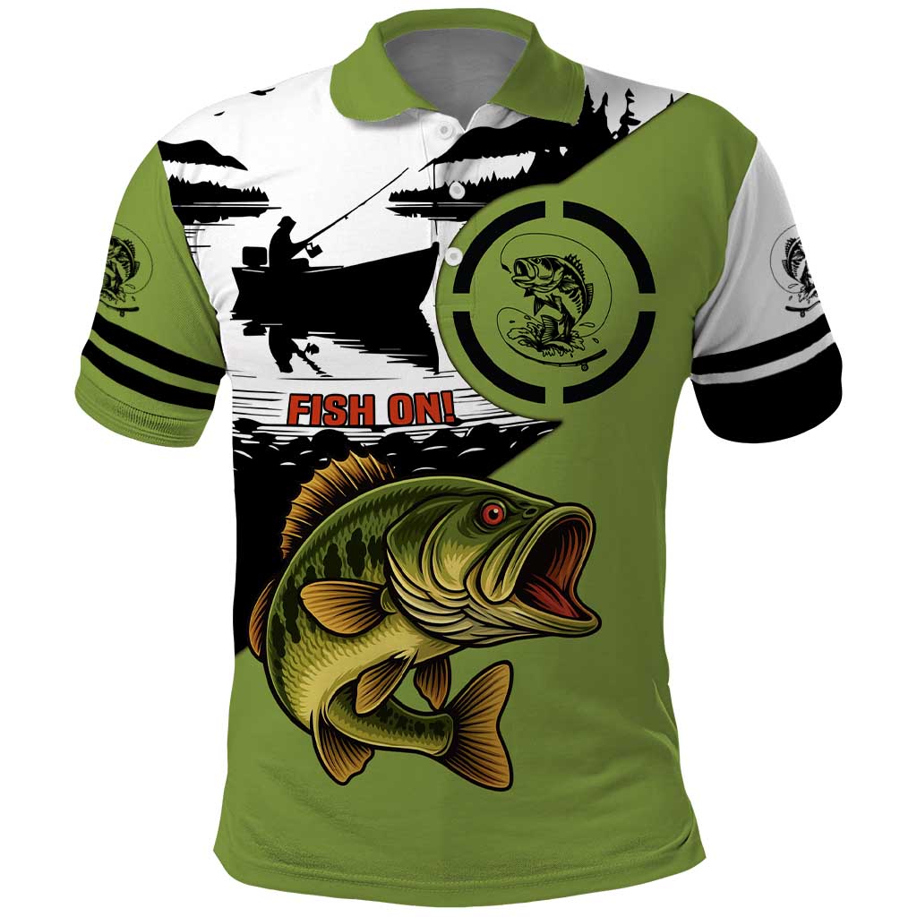 Largemouth Bass Fishing Polo Shirt Fish On Text and Boat Scene in Green and Black Custom Design TS04