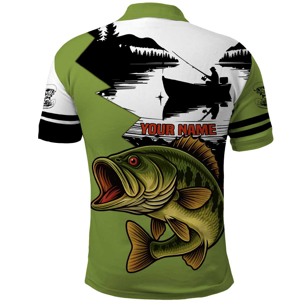 Largemouth Bass Fishing Polo Shirt Fish On Text and Boat Scene in Green and Black Custom Design TS04