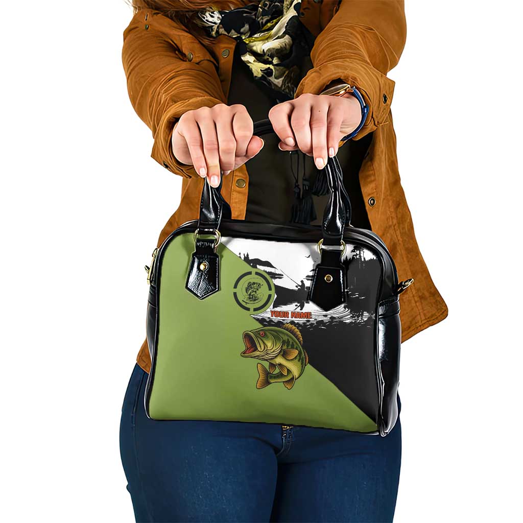Largemouth Bass Fishing Shoulder Handbag Fish On Text and Boat Scene in Green and Black Custom Design TS04