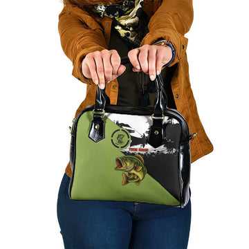 Largemouth Bass Fishing Shoulder Handbag Fish On Text and Boat Scene in Green and Black Custom Design TS04