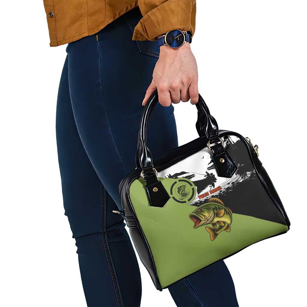 Largemouth Bass Fishing Shoulder Handbag Fish On Text and Boat Scene in Green and Black Custom Design TS04