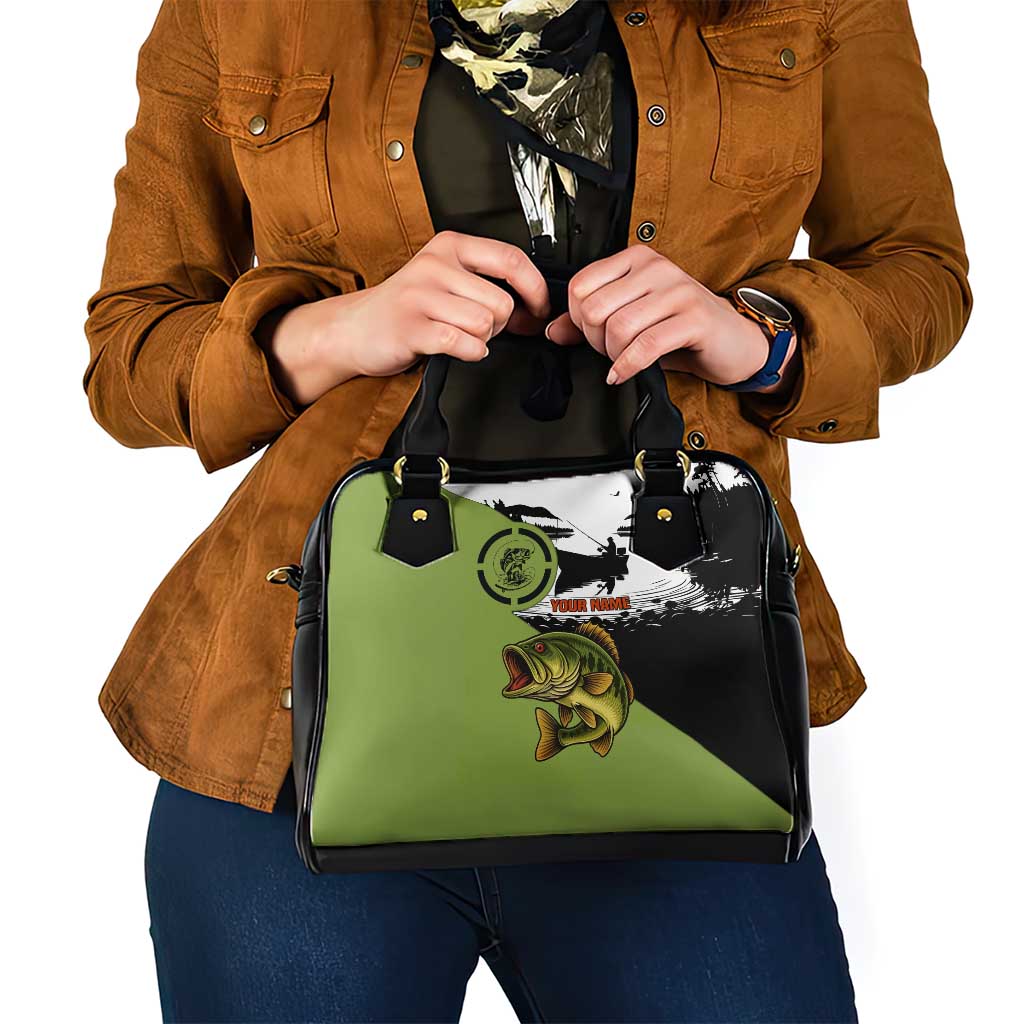 Largemouth Bass Fishing Shoulder Handbag Fish On Text and Boat Scene in Green and Black Custom Design TS04