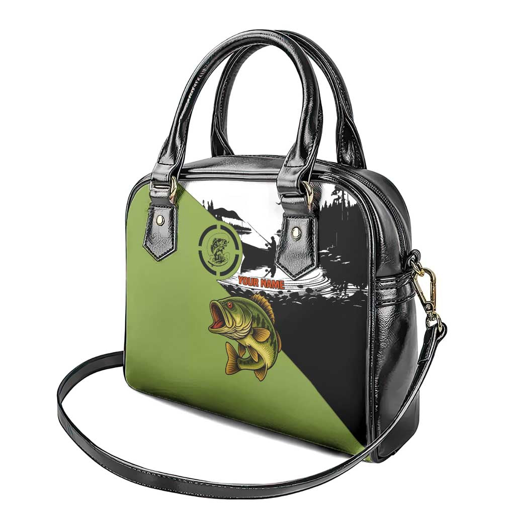 Largemouth Bass Fishing Shoulder Handbag Fish On Text and Boat Scene in Green and Black Custom Design TS04