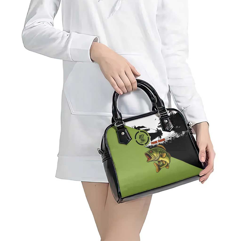 Largemouth Bass Fishing Shoulder Handbag Fish On Text and Boat Scene in Green and Black Custom Design TS04