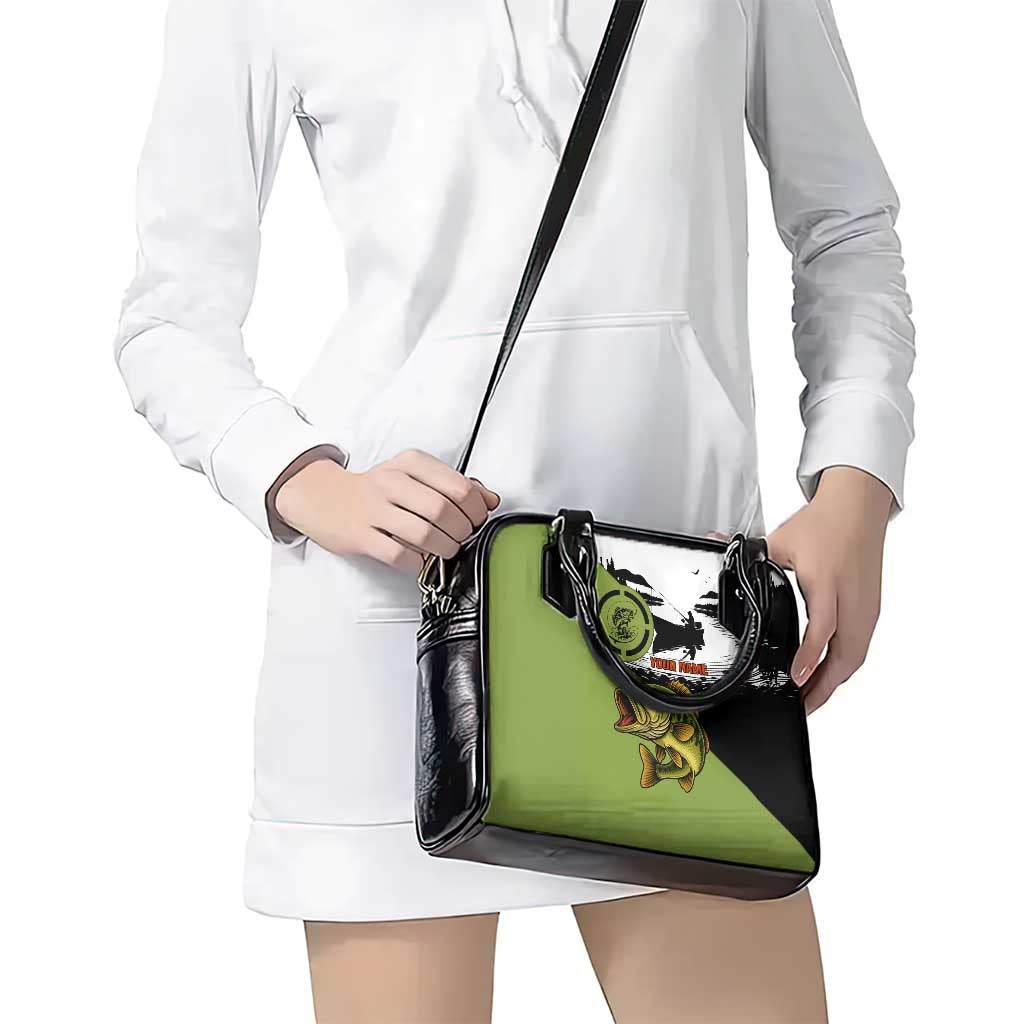 Largemouth Bass Fishing Shoulder Handbag Fish On Text and Boat Scene in Green and Black Custom Design TS04