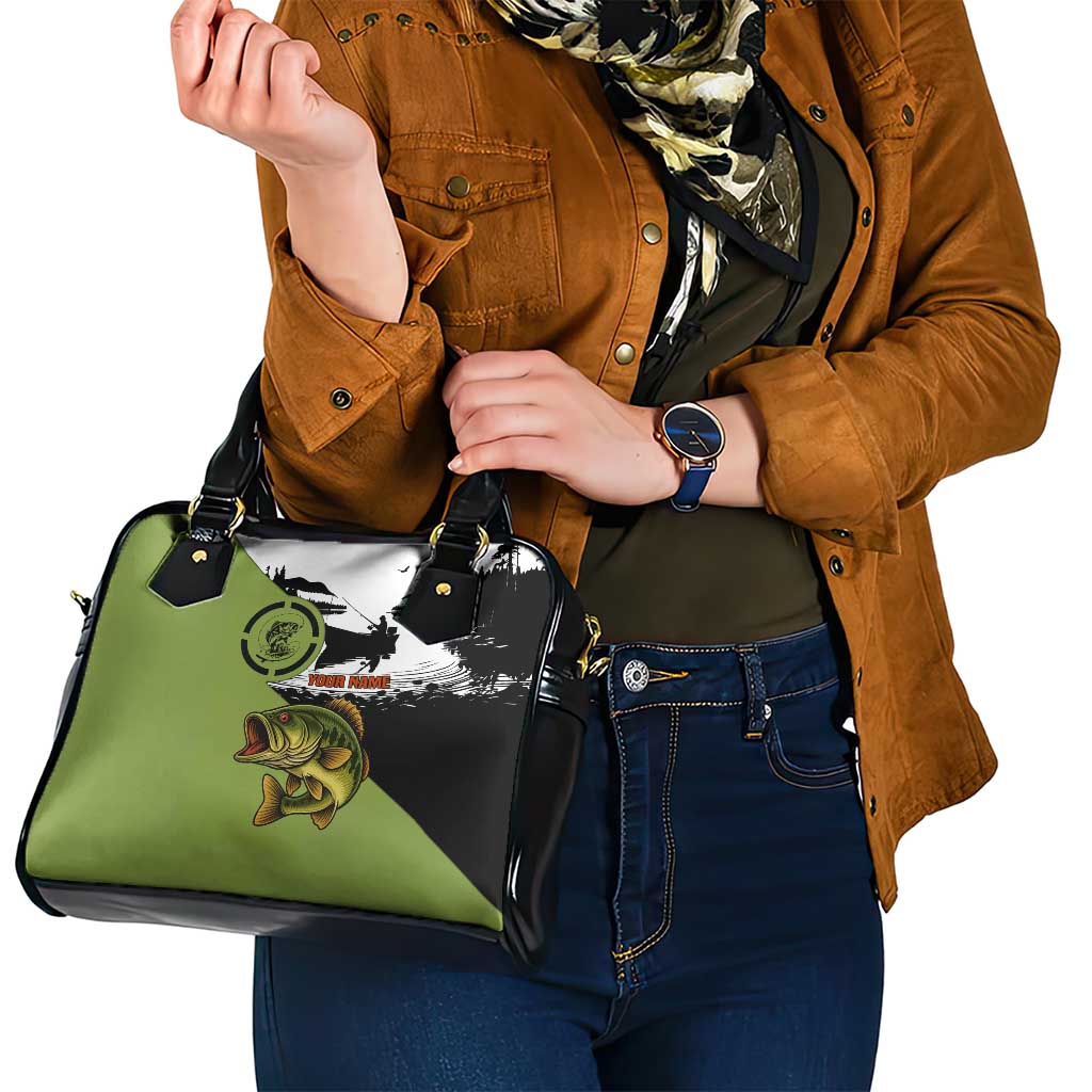 Largemouth Bass Fishing Shoulder Handbag Fish On Text and Boat Scene in Green and Black Custom Design TS04