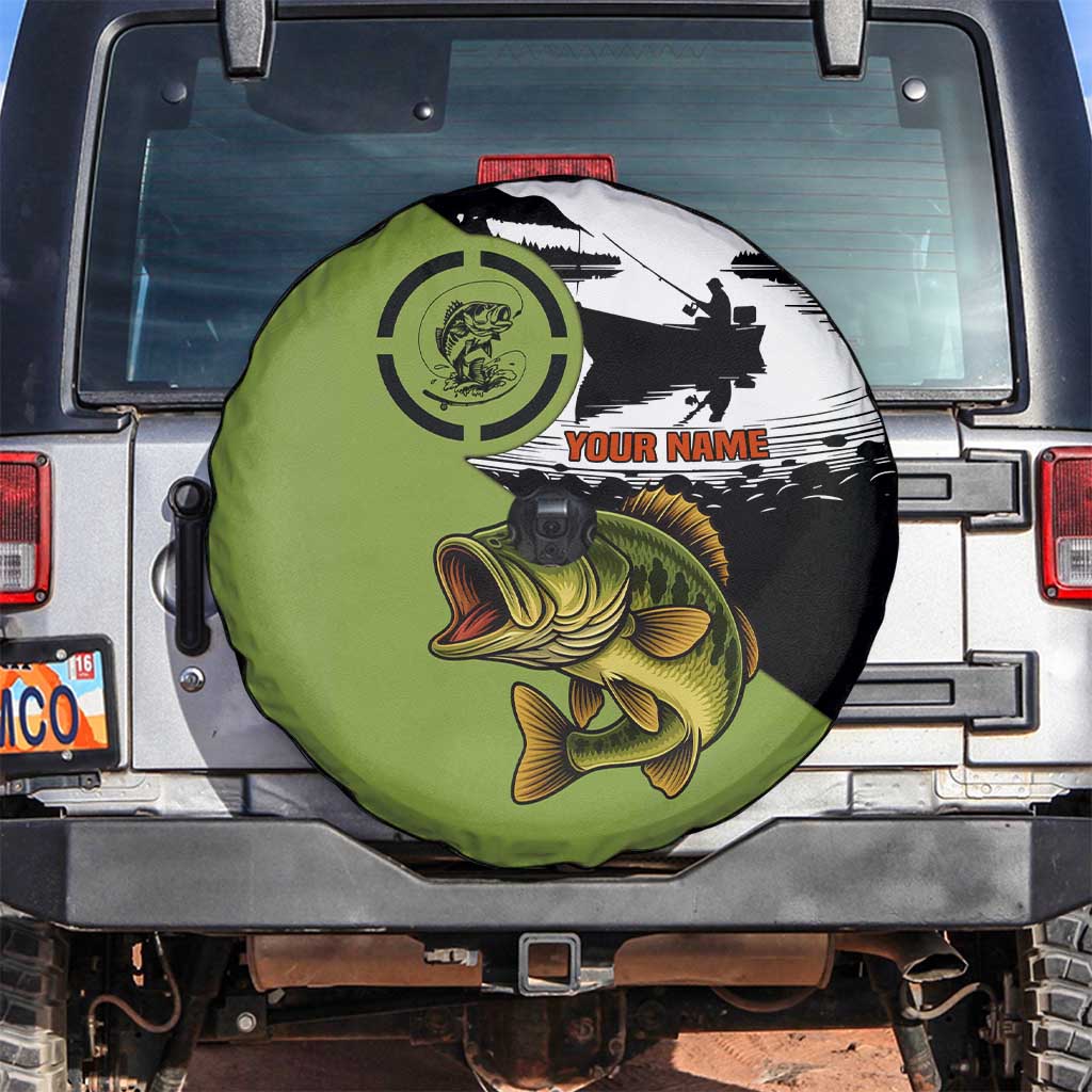Largemouth Bass Fishing Spare Tire Cover Fish On Text and Boat Scene in Green and Black Custom Design TS04