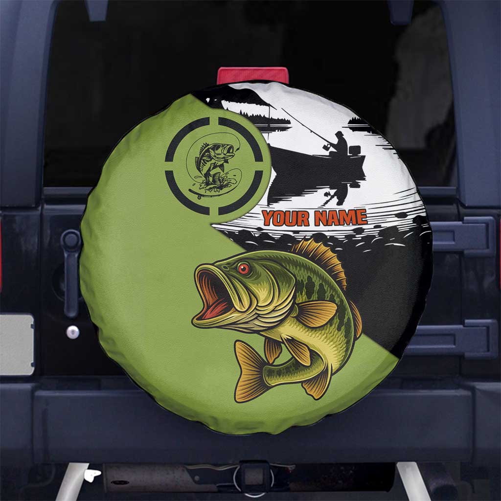 Largemouth Bass Fishing Spare Tire Cover Fish On Text and Boat Scene in Green and Black Custom Design TS04