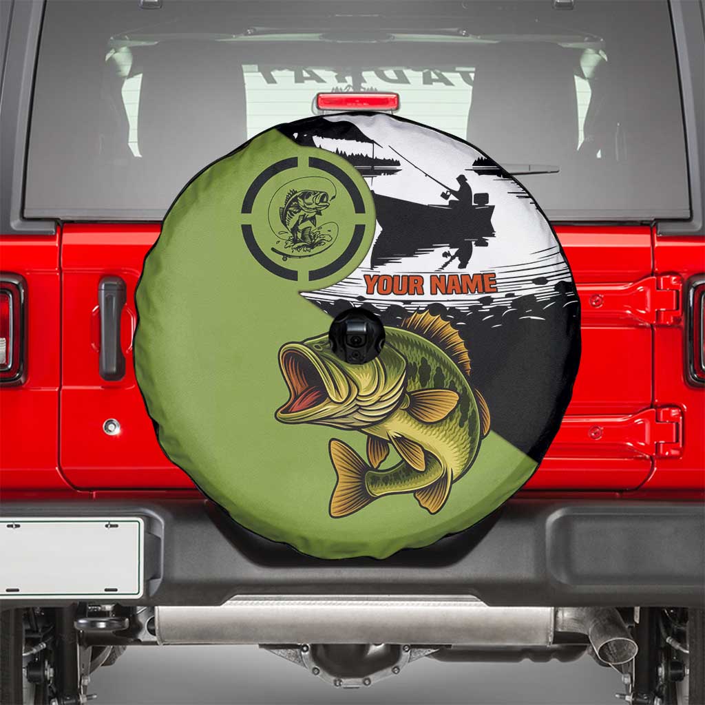 Largemouth Bass Fishing Spare Tire Cover Fish On Text and Boat Scene in Green and Black Custom Design TS04
