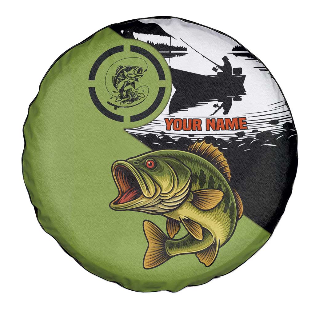 Largemouth Bass Fishing Spare Tire Cover Fish On Text and Boat Scene in Green and Black Custom Design TS04
