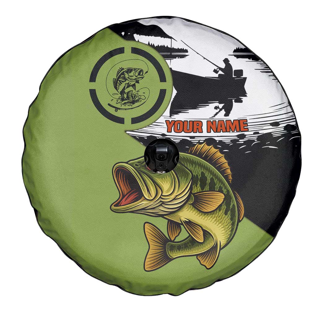 Largemouth Bass Fishing Spare Tire Cover Fish On Text and Boat Scene in Green and Black Custom Design TS04