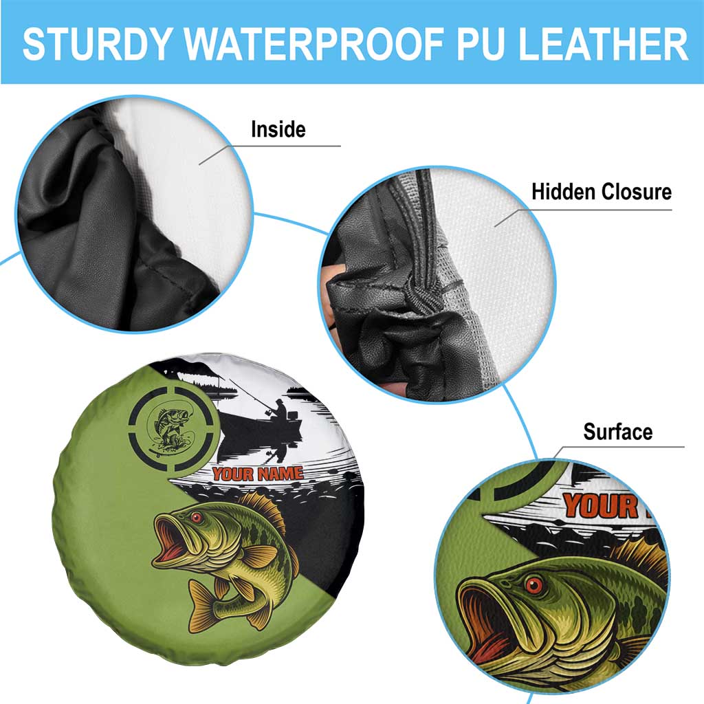Largemouth Bass Fishing Spare Tire Cover Fish On Text and Boat Scene in Green and Black Custom Design TS04