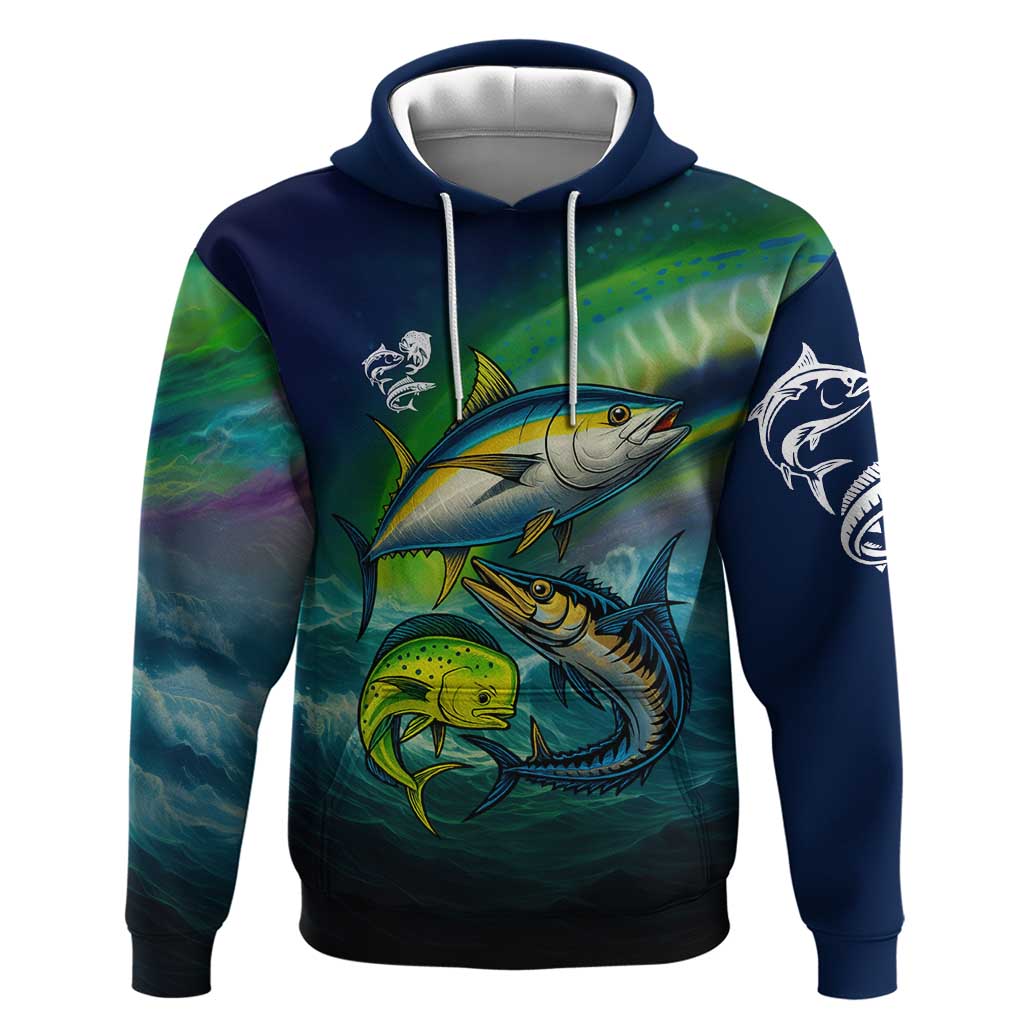 Offshore Fishing Custom Hoodie Tuna Mahi Mahi and Wahoo in Ocean Wave Design TS04