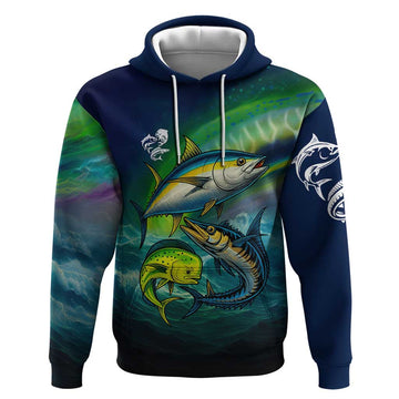 Offshore Fishing Custom Hoodie Tuna Mahi Mahi and Wahoo in Ocean Wave Design TS04