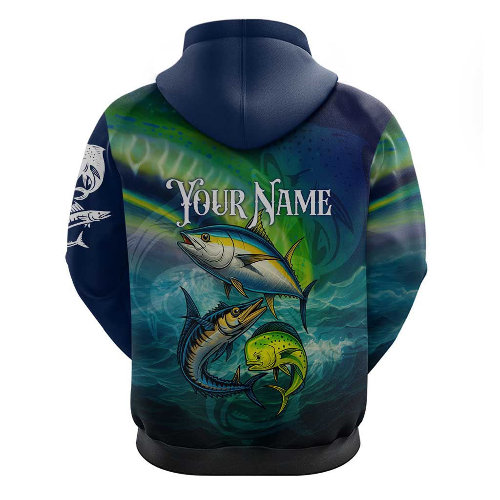 Offshore Fishing Custom Hoodie Tuna Mahi Mahi and Wahoo in Ocean Wave Design TS04