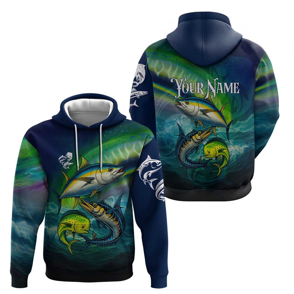 Offshore Fishing Custom Hoodie Tuna Mahi Mahi and Wahoo in Ocean Wave Design TS04