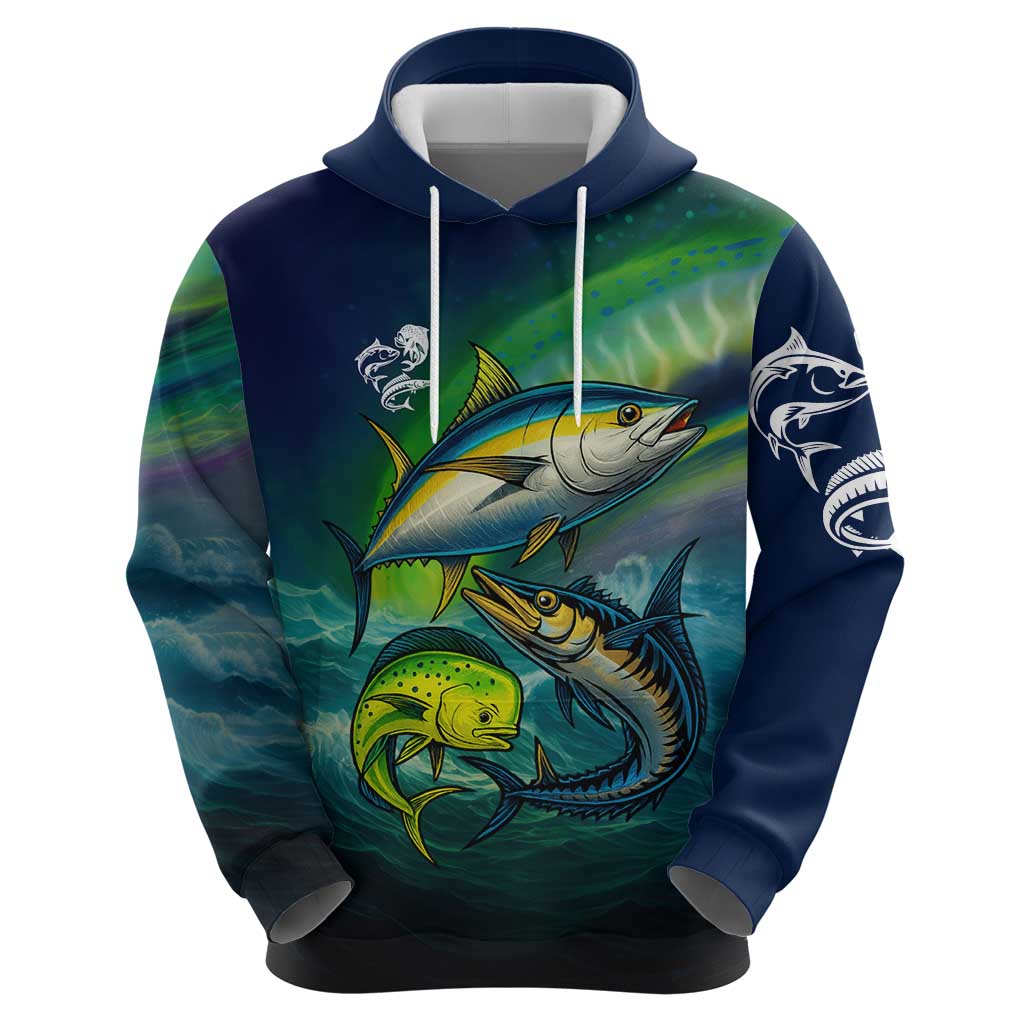 Offshore Fishing Custom Hoodie Tuna Mahi Mahi and Wahoo in Ocean Wave Design TS04