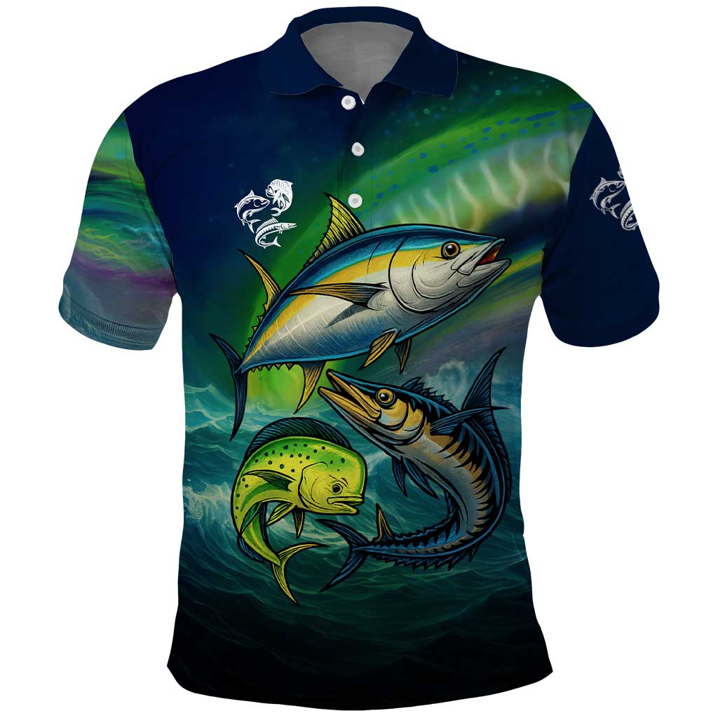 Offshore Fishing Custom Polo Shirt Tuna Mahi Mahi and Wahoo in Ocean Wave Design TS04