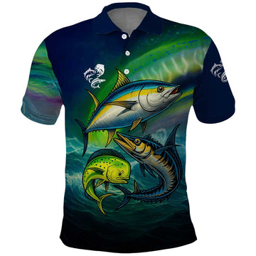 Offshore Fishing Custom Polo Shirt Tuna Mahi Mahi and Wahoo in Ocean Wave Design TS04