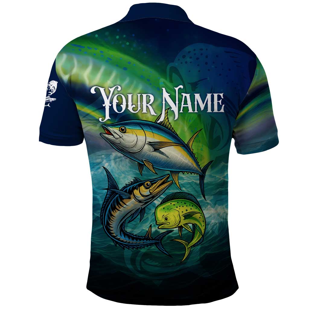 Offshore Fishing Custom Polo Shirt Tuna Mahi Mahi and Wahoo in Ocean Wave Design TS04
