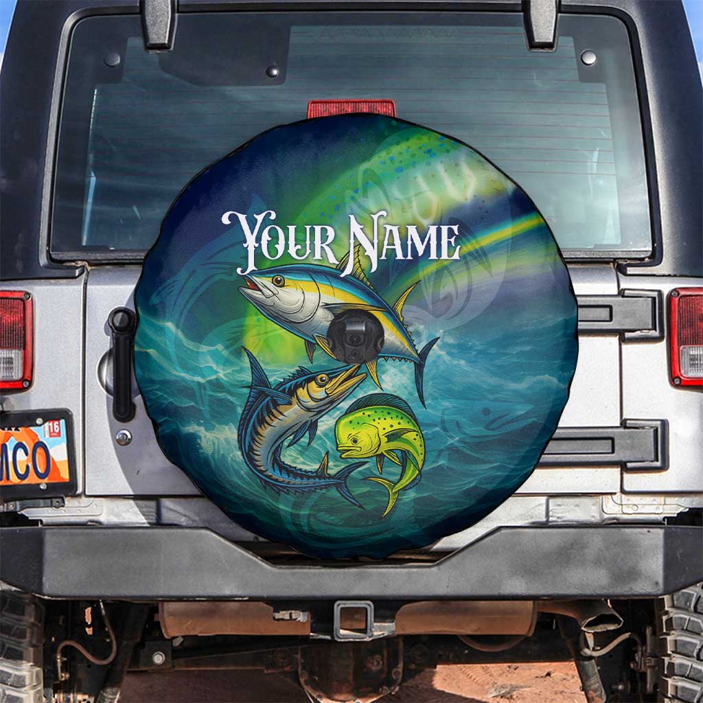 Offshore Fishing Custom Spare Tire Cover Tuna Mahi Mahi and Wahoo in Ocean Wave Design TS04