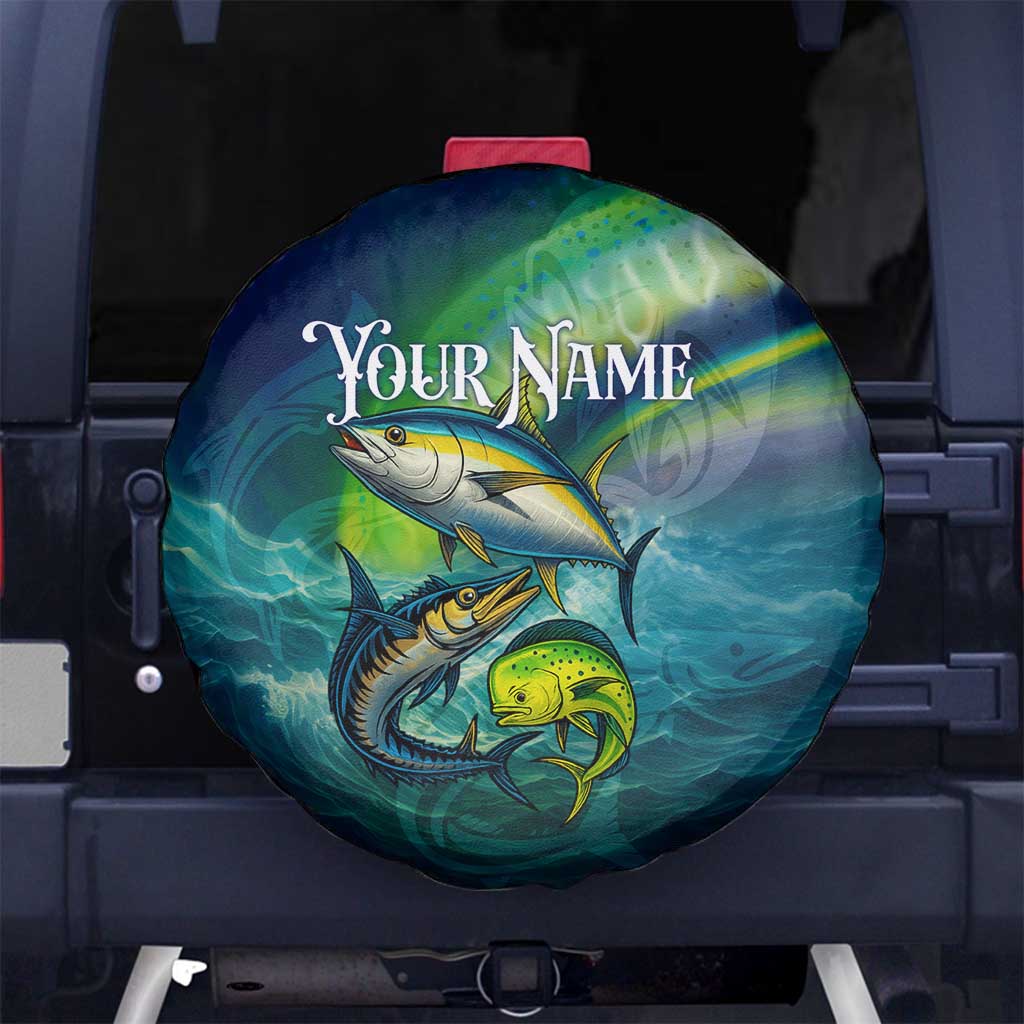 Offshore Fishing Custom Spare Tire Cover Tuna Mahi Mahi and Wahoo in Ocean Wave Design TS04