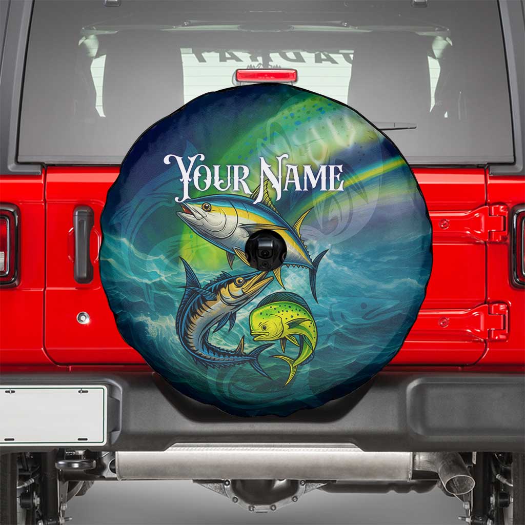 Offshore Fishing Custom Spare Tire Cover Tuna Mahi Mahi and Wahoo in Ocean Wave Design TS04