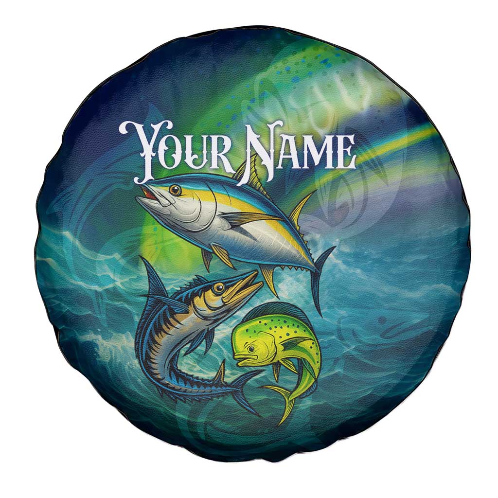 Offshore Fishing Custom Spare Tire Cover Tuna Mahi Mahi and Wahoo in Ocean Wave Design TS04