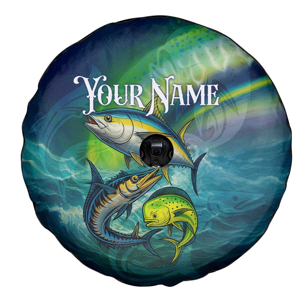 Offshore Fishing Custom Spare Tire Cover Tuna Mahi Mahi and Wahoo in Ocean Wave Design TS04
