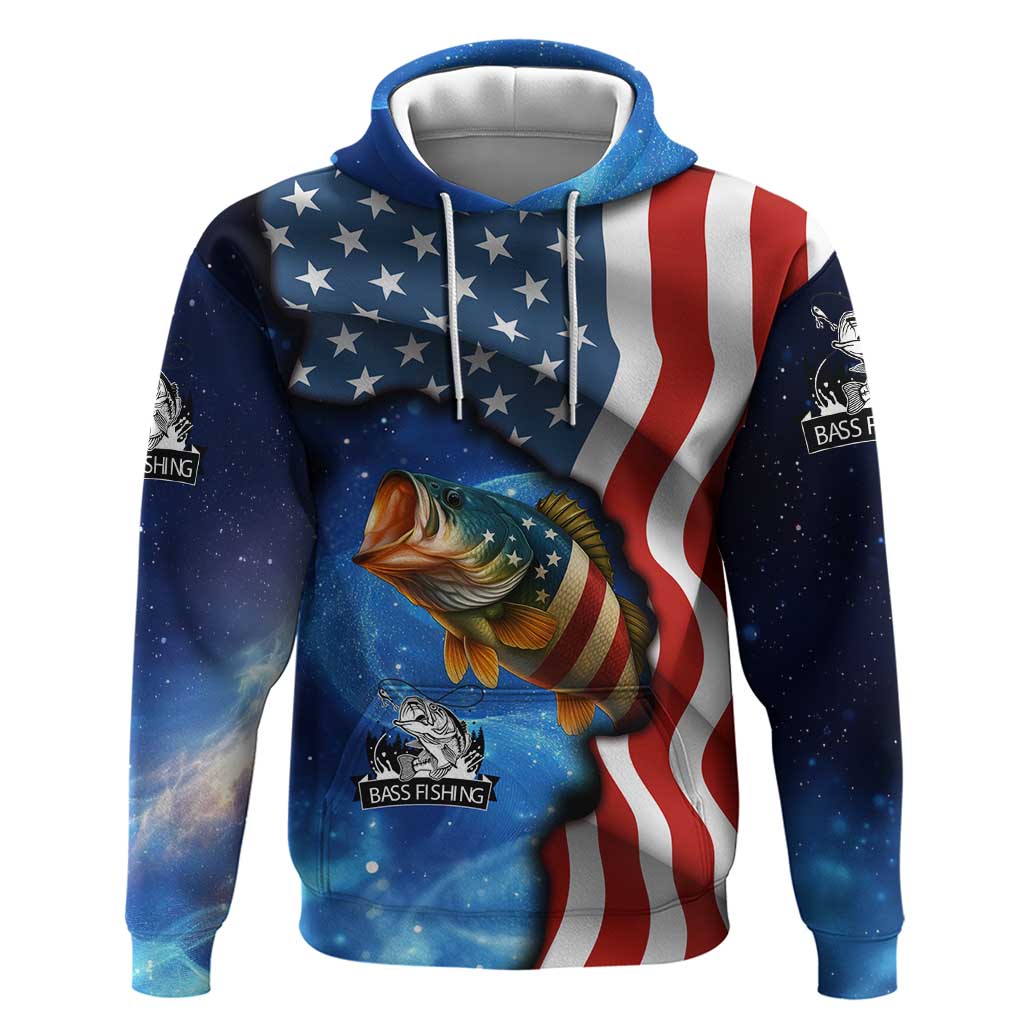 American Flag Bass Fishing Graphic Hoodie Patriotic Fish and Starry Galaxy Background TS04