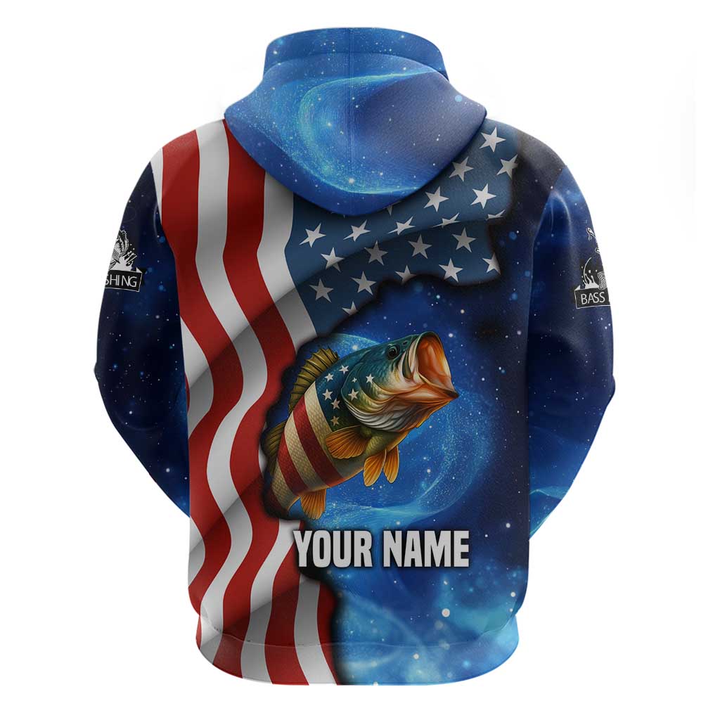 American Flag Bass Fishing Graphic Hoodie Patriotic Fish and Starry Galaxy Background TS04